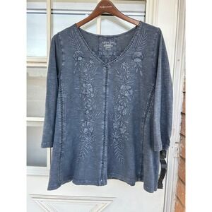 Karyn Seo Womens Blue Floral Embroidered Cotton Tunic Top Medium Boho Festival